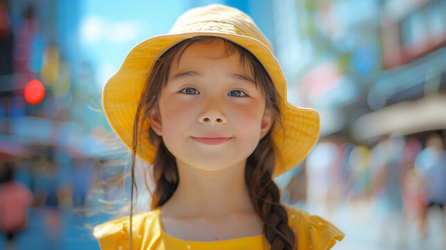 A candid image of a young girl in a lively urban plaza wearing a yellow Muji-style dress and hat