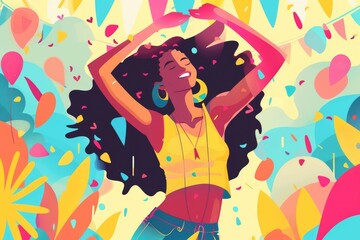 Beautiful young woman enjoying music festival, dancing and having fun, colorful vector illustration