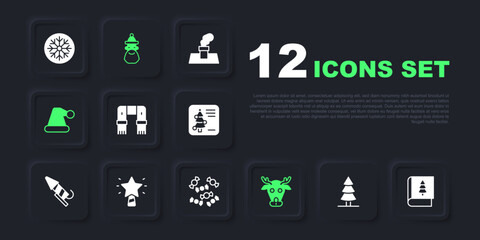 Set Christmas tree, book, Winter scarf, Reindeer, Santa Claus hat, star, and beard and Candy icon. Vector
