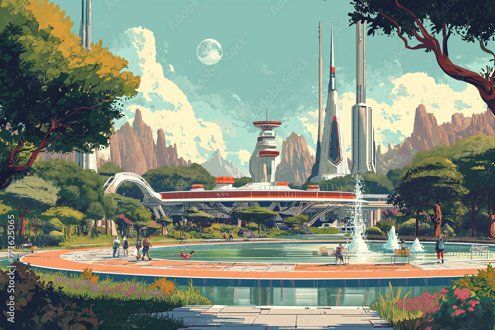 Poster retrofuturistic landscape in mid-century sci-fi style. retro science fiction scene with futuristic c