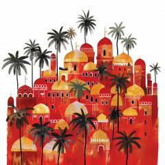 Obraz premium A painting featuring a city skyline with towering buildings and lush palm trees in the foreground