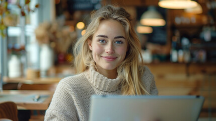A full shot of a smiling Swedish woman with bright eyes composing on a laptop in a Stockholm cafe