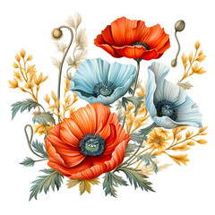 Isolated illustration of poppy wildflower bouquet on white background - obrazy, fototapety, plakaty