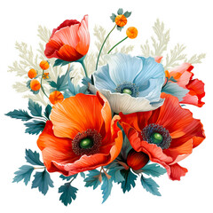 Isolated illustration of poppy wildflower bouquet on white background