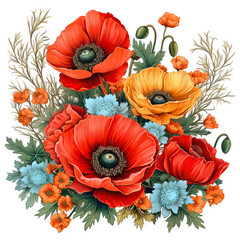 Isolated illustration of poppy wildflower bouquet on white background