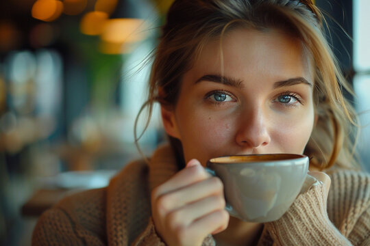 woman drinking coffee in the morning at restaurant 