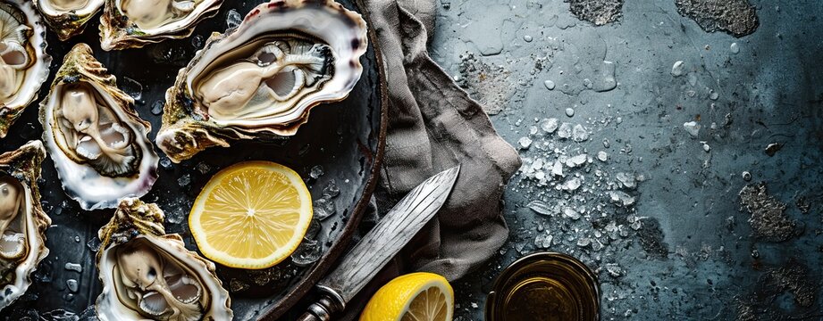 Open raw oysters on a plate with lemon and oysters knife, dark gray vintage background,