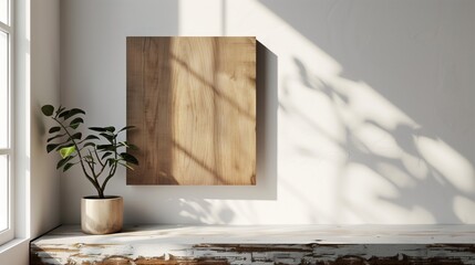Rustic Wooden Plank by Window with Plant