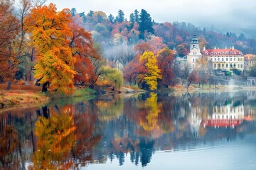 Autumnal landscape with colorful trees reflecting in Vltava River, Czech Republic - European scenic view