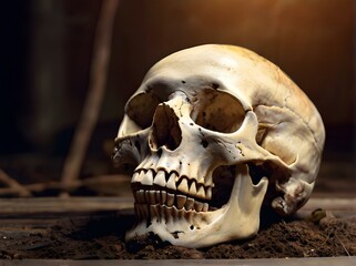 Obraz premium Realistic decomposed human skull on the ground, well lit. Generative AI