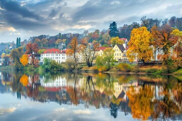 Fototapeta na wymiar Autumnal landscape with colorful trees reflecting in Vltava River, Czech Republic - European scenic view