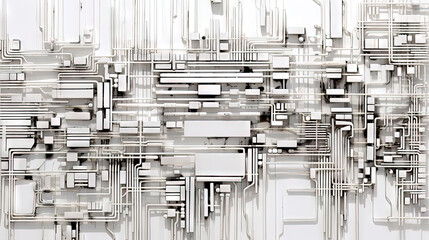 Abstract circuit board concept with black track lines on white background.