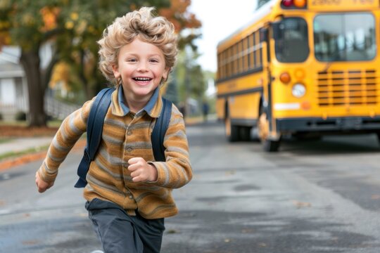 small happy boy run in front of school bus