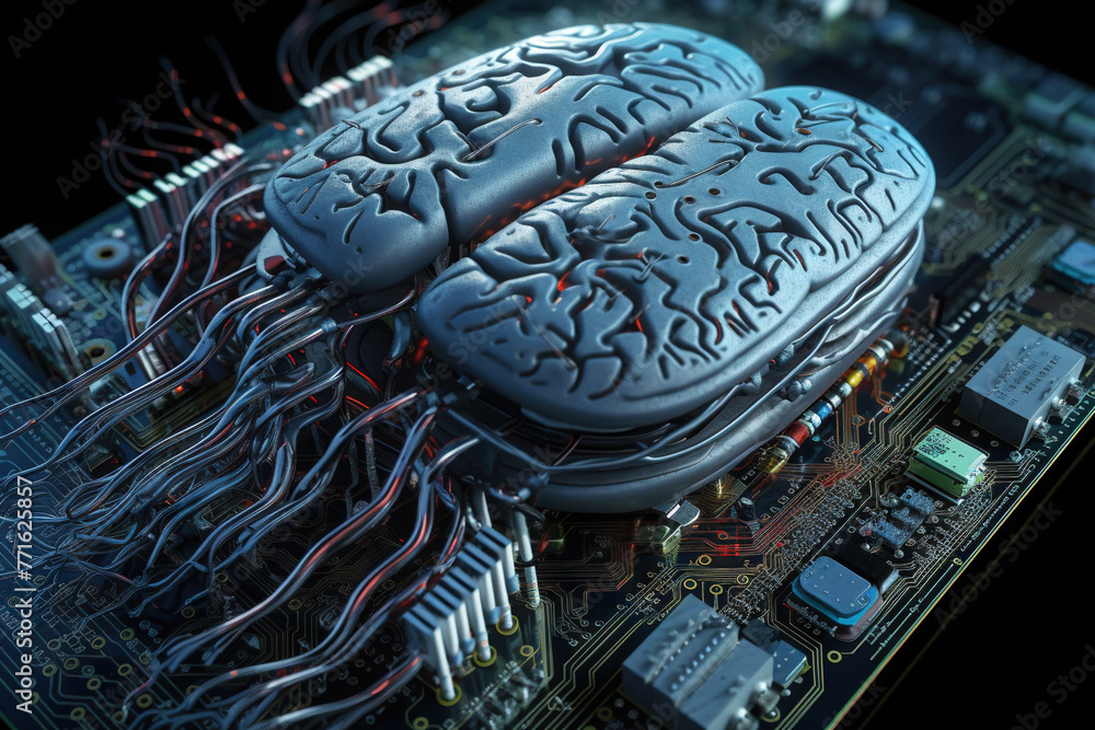 Poster Artificial intelligence science concept with technological AI brain on the circuit board.