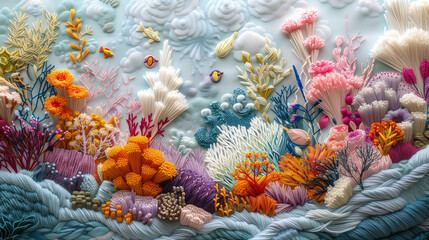 Fototapeta na wymiar three-dimensional embroidery thread creating a vibrant underwater seascape in colorful pastel tones