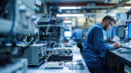 Technician working on electronic components in a modern manufacturing facility with blurred foreground of equipment and precise instruments.