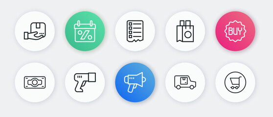 Set line Megaphone, Buy button, Stacks paper money cash, Delivery cargo truck, Paper shopping bag, Shopping list, cart and Scanner scanning bar code icon. Vector