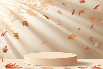 Autumn background with beige podium display and falling leaves shadow on table, vector illustration