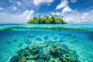 Split view of sea water with fish swimming underwater and tropical island on top - obrazy, fototapety, plakaty