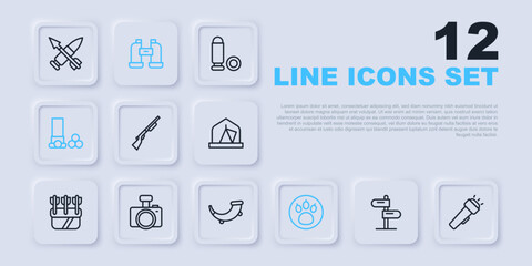 Set line Road traffic sign, Flashlight, Hunting gun, Paw search, Cartridges, Photo camera, Binoculars and horn icon. Vector
