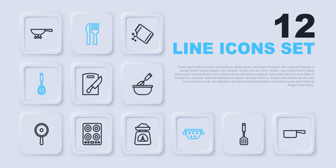 Set line Spatula, Frying pan, Cutting board and knife, Kitchen colander, whisk, Gas stove, Crossed fork and Scales icon. Vector