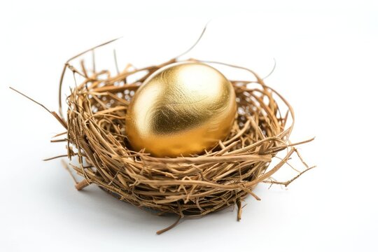 Solid gold egg in nest Isolated on white background