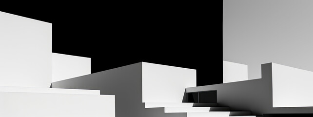 Modern architecture with abstract geometric forms against a black background, contrast of white and gray architectural creating an abstract array of geometric shapes, modern urban design 