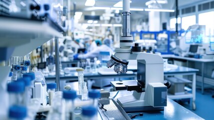 Obraz premium A modern laboratory with a prominent microscope in the foreground and scientists working at benches in the background.