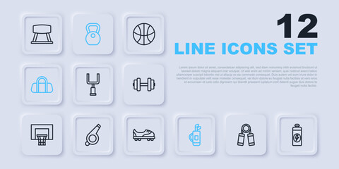 Set line Sport expander, Fitness shaker, American football goal post, Golf bag with clubs, Whistle, Weight and Football shoes icon. Vector