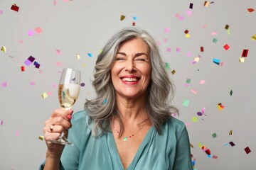 Studio portrait of mature woman celebrating