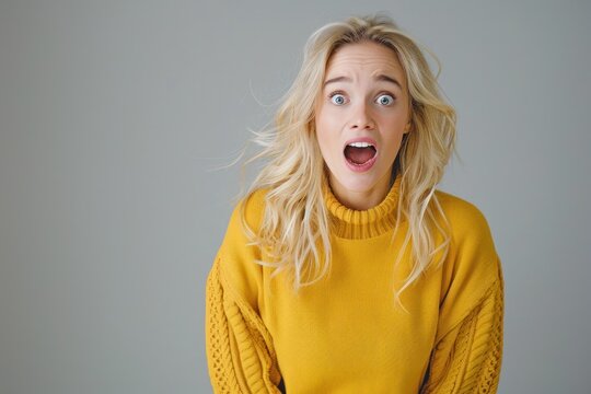 blonde woman looking overly excited and surprised