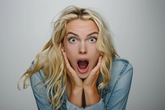 blonde woman looking overly excited and surprised