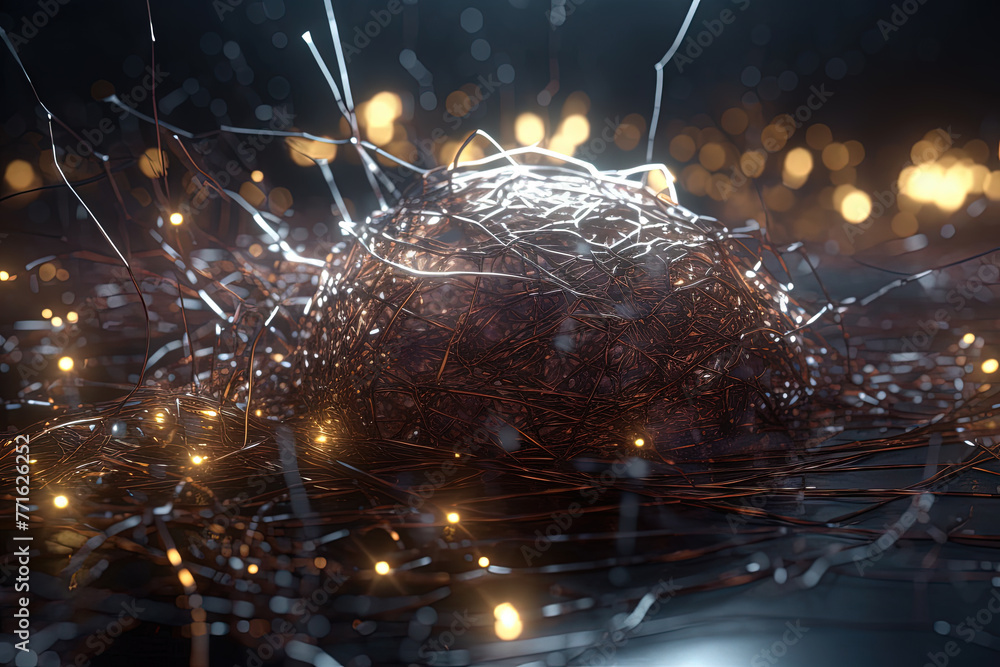 Poster Abstract burst of wires and particles on technology background. Scientific abstraction with mess of wires.