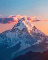 Obraz premium Snow-capped mountain under golden sunrise, wide lens, vibrant colors