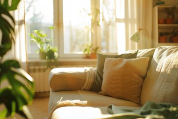 Sunny living room with focus on empty couch and blurred background