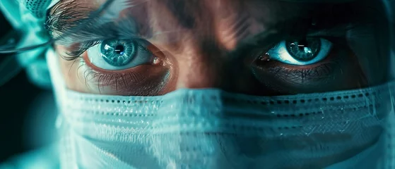 Fotobehang Surgeon's eyes peering over mask in operation room, intense focus, dim lighting.  © Thanthara