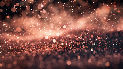 An enchanting array of rose gold particles, shimmering delicately in the air. The contrast with the dark background and the depth of field brings a luxurious and refined atmosphere to the scene. - obrazy, fototapety, plakaty