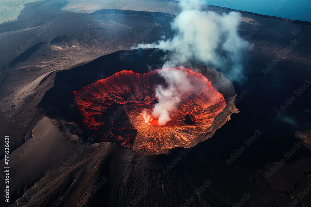 Wall mural volcano eruption from a bird view. volcano crater and magma flow shot from above. genertated ai.