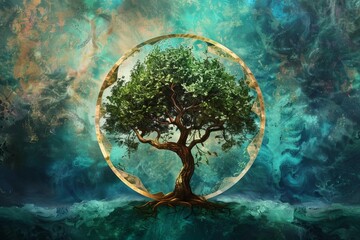 Artistic representation of tree of life, sacred symbol of growth and prosperity, digital art - obrazy, fototapety, plakaty