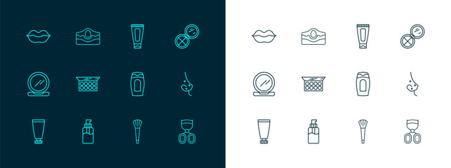 Set line Makeup powder with mirror, Bottle of liquid soap, shampoo, brush, Cream lotion cosmetic tube, Smiling lips and Acne icon. Vector