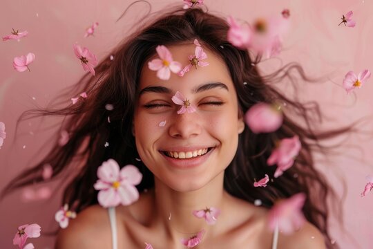 Smiling woman with pink flowers falling around her