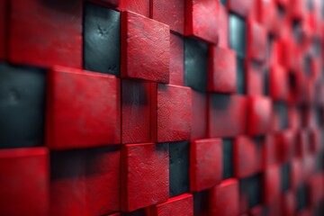 A sharp close-up of a bold red square tile pattern set against a deep black, symbolizing contrast & boldness