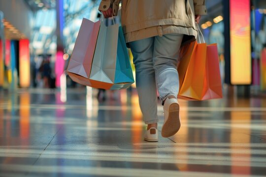 Woman walking with color shopping bags at shopping center
