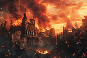 Apocalyptic city ruins engulfed in flames, end times prophecy, digital concept art