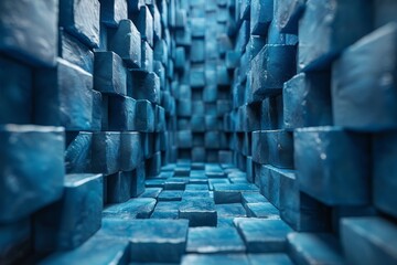 An infinite maze of cobalt blue cubes with depth creating a feeling of complexity and wonder - obrazy, fototapety, plakaty