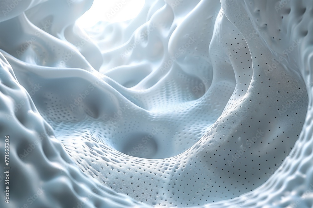 Poster a highly detailed image displaying a sleek white 3d structure featuring fluid curves that give a sen