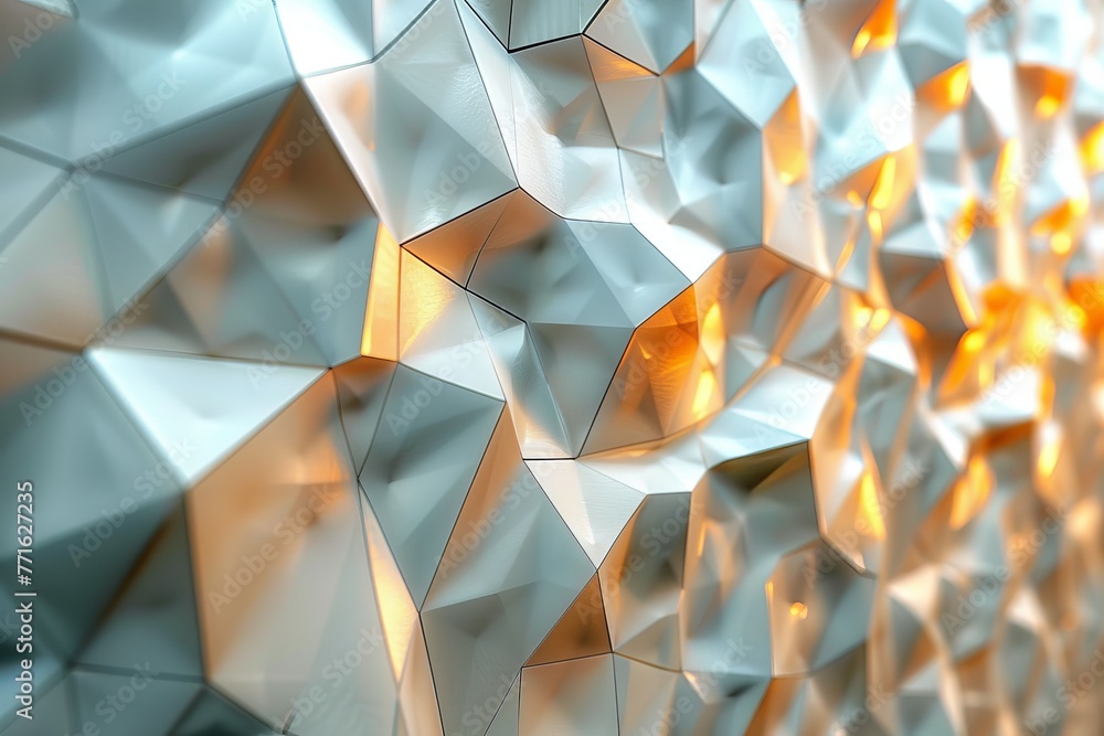 Poster striking image with dimensional geometric shapes cast in a soft golden glow highlighting contrast an