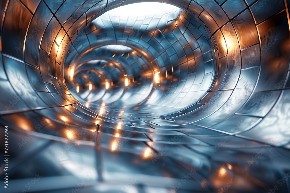 Poster intricate metallic tunnel with a futuristic vibe and gleaming lights creating a sense of depth and m