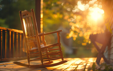 Single Traditional wooden chair on a front porch blured background.