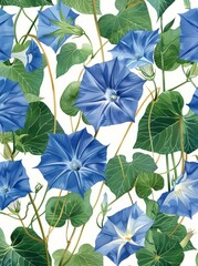 A blue flower with green leaves stands out against a crisp white background